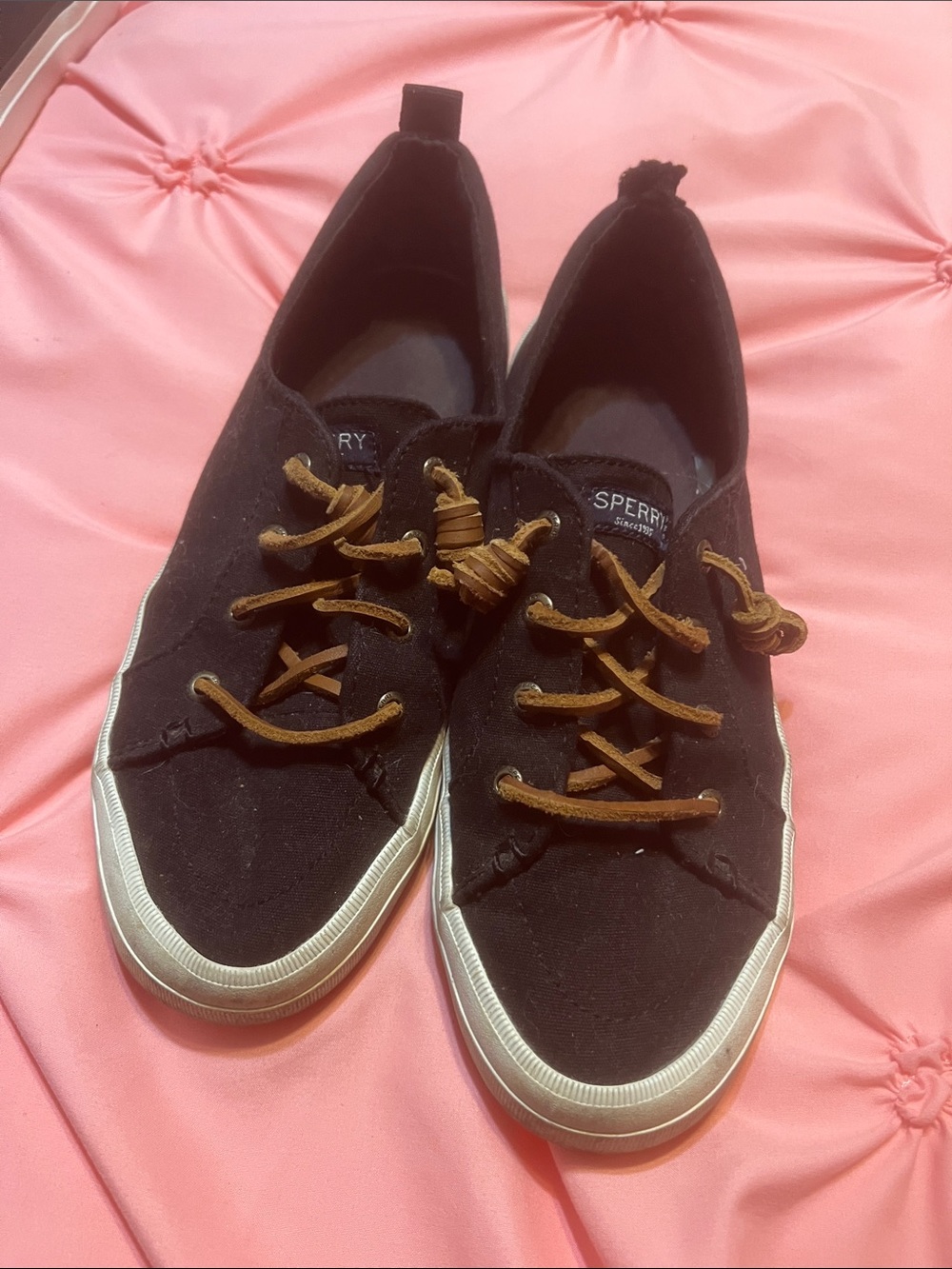 Sperry Black Canvas Low-Top Sneakers with Brown Leather Laces